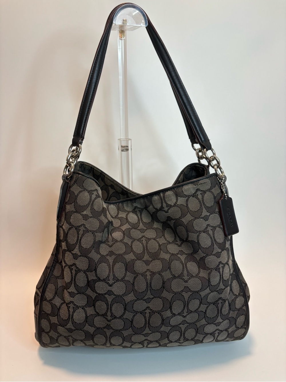 COACH ($385) Phoebe Beige/Dark Brown Jacquard Signature Shoulder Bag AUTHENTIC